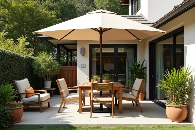 A realistic backyard patio showing how sun and shade affect a simple outdoor seating zone.