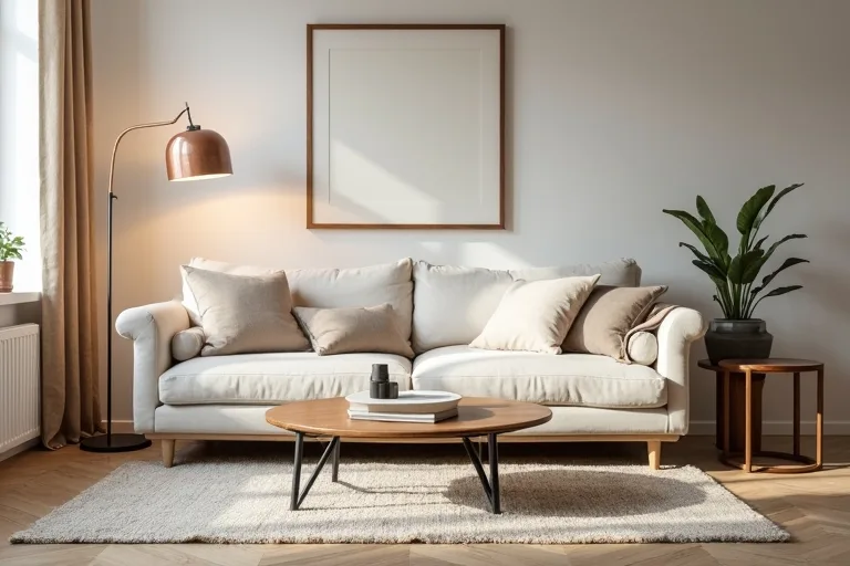A realistic cozy living room showing furniture scale, rug placement, and a balanced seating area.