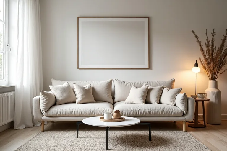A calm living room layout with a neutral sofa, coffee table, and clear walking space.