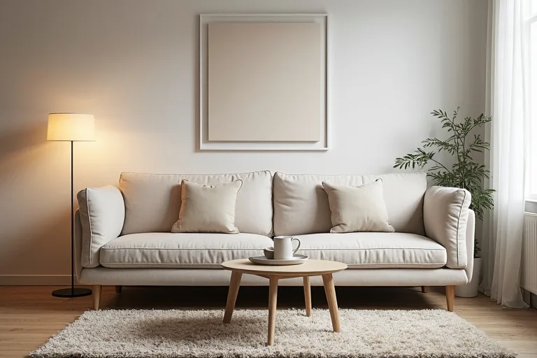 A cozy living room with a neutral sofa, textured rug, framed wall art, and warm lighting in a realistic home setting.