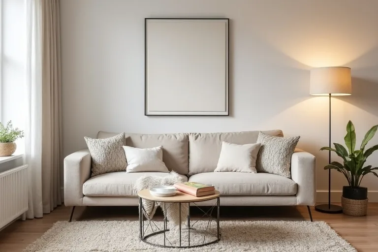 A cozy living room with framed neutral wall art, warm lamp light, and layered textures above a sofa.