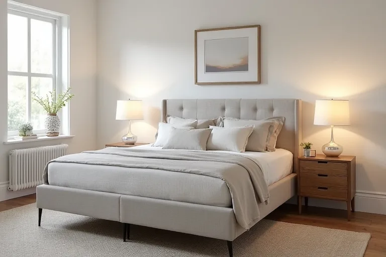 A guest bedroom layout centered around a queen bed with clear walking space and simple bedside furniture