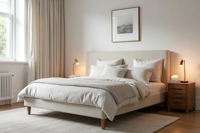 A calm guest bedroom with a queen upholstered bed, neutral bedding, bedside lamps, and a balanced finished layout