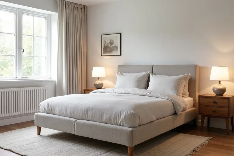 A guest bedroom finished with a simple rug, soft curtains, and restrained wall art