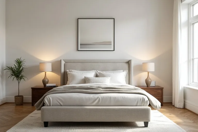 A finished guest bedroom with a simple focal point, balanced bedding, and a queen upholstered bed
