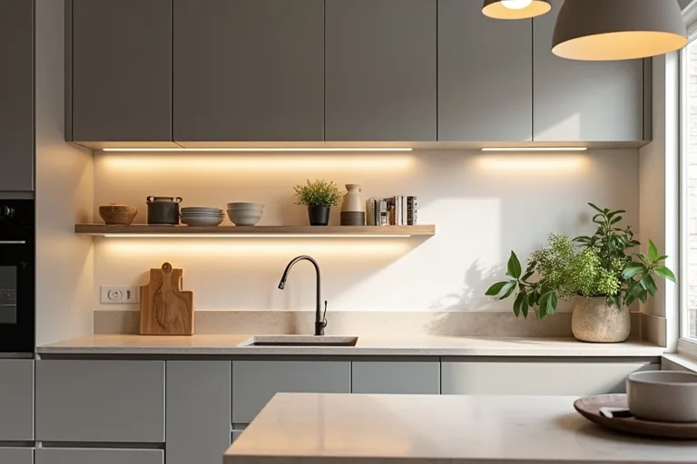 A calm kitchen work area with under-cabinet lighting and practical counter visibility