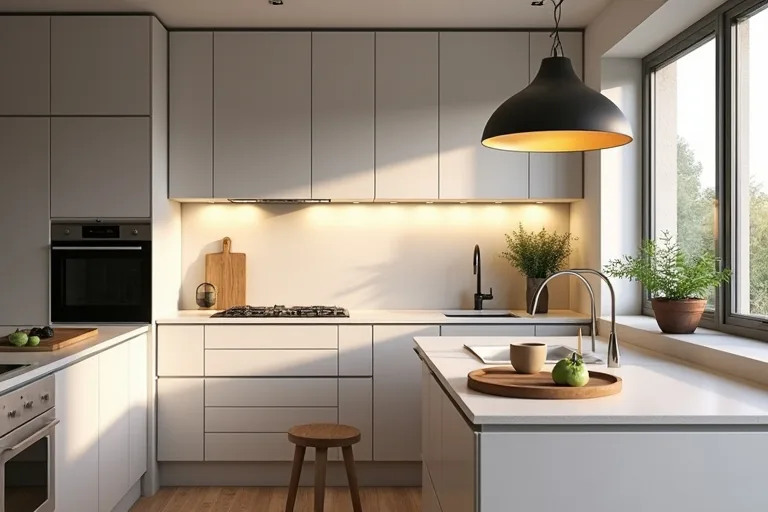 A kitchen with pendant lighting and clear sightlines that suit the room scale and ceiling height
