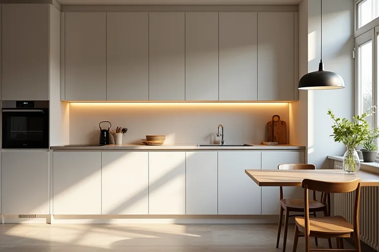 A modern kitchen with layered lighting, including under-cabinet lights and a pendant over the dining area