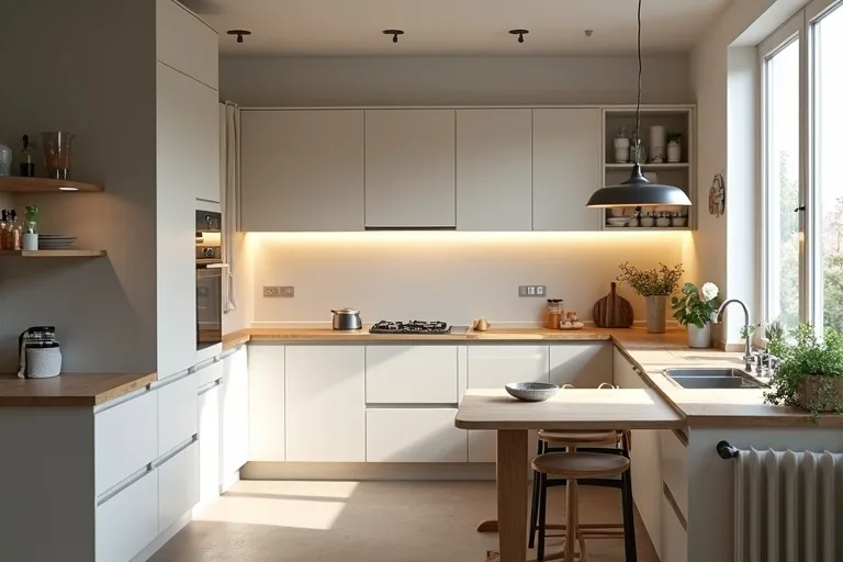 Kitchen lighting over a dining area and island showing how zones can be separated by placement