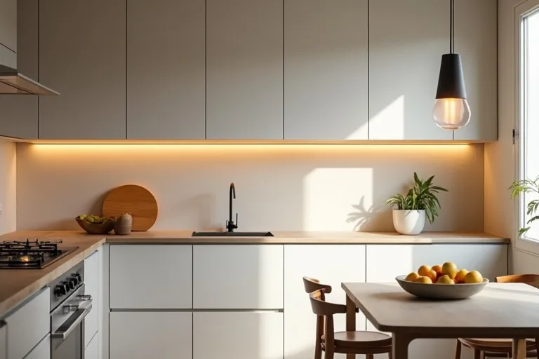 A modern kitchen with layered lighting that feels balanced, warm, and practical.