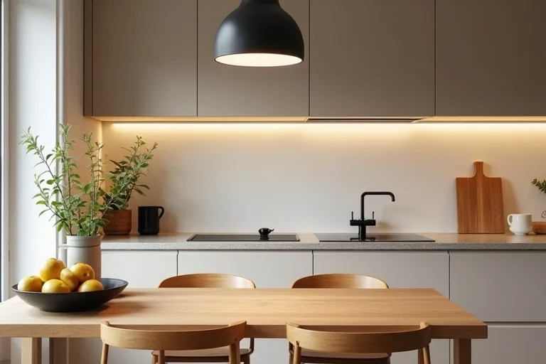 A small kitchen dining zone showing how lighting, table size, and circulation need to work together.
