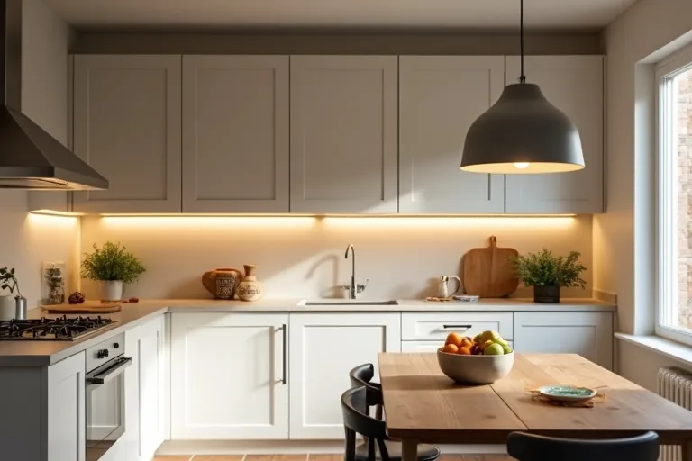 A calm kitchen with layered lighting showing soft ceiling light and task lighting over work areas.