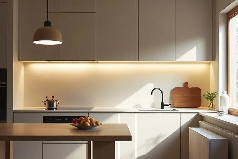Kitchen pendants and task lighting arranged to support a work surface without making the room feel harsh.