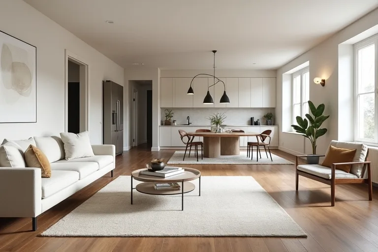 A balanced open concept living room with a neutral area rug, sofa, coffee table, and arc floor lamp