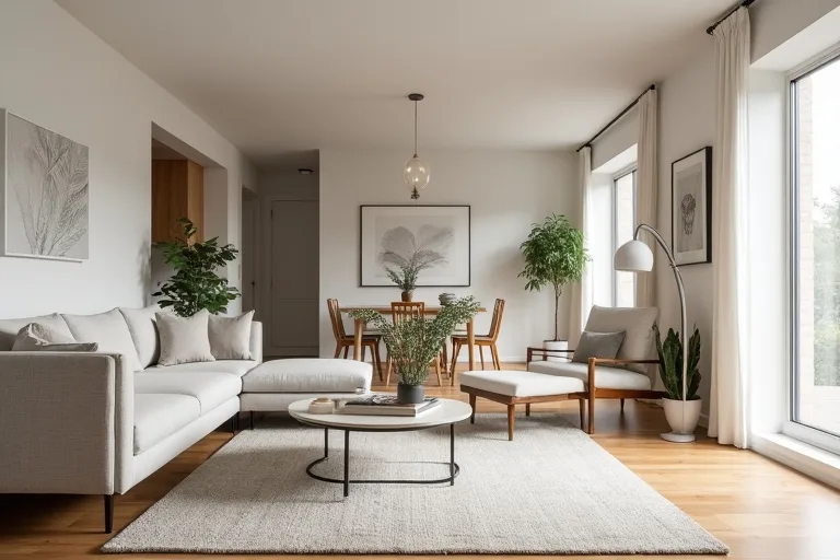 An open concept seating area with balanced spacing and a modern arc floor lamp