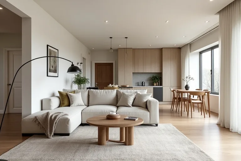 A neutral area rug helping define a seating zone in an open concept living room