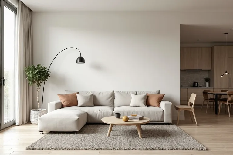 A clearly defined living zone in an open concept room with a sofa and neutral rug