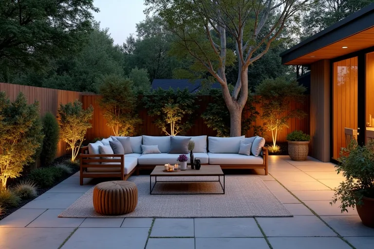 Layered outdoor lighting showing ambient, task, and accent light around a patio