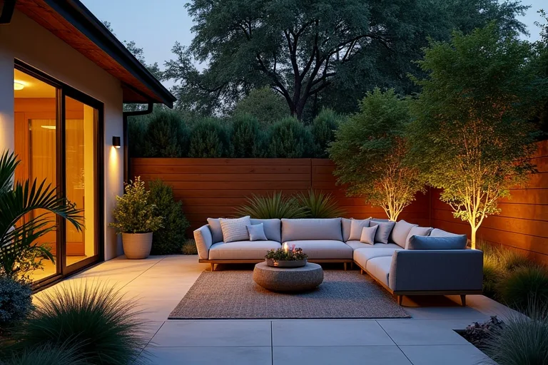 A warm outdoor patio at dusk with layered lighting around a defined seating area