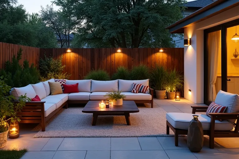 An outdoor seating zone at dusk showing how lighting helps define the main gathering area