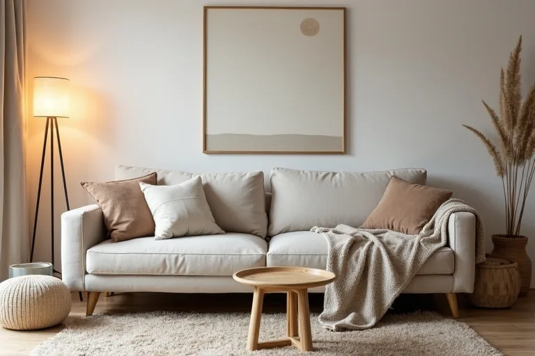 A modest cozy living room with a sofa, warm lighting, and simple layered textures that improve the room without a full remodel.