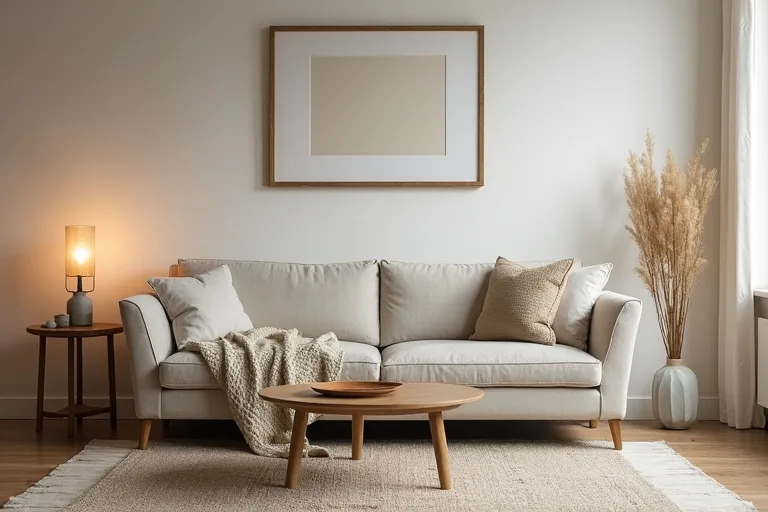 A cozy lived-in living room with neutral wall art, layered textiles, and a practical rug setup in warm natural light.
