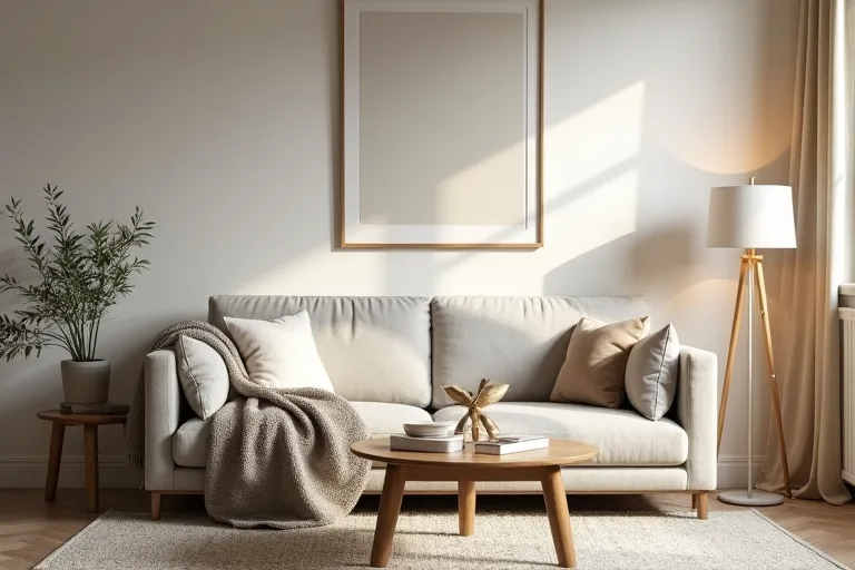 A cozy living room styled with neutral wall art and tidy finishes that show how a few practical purchases can complete the room.