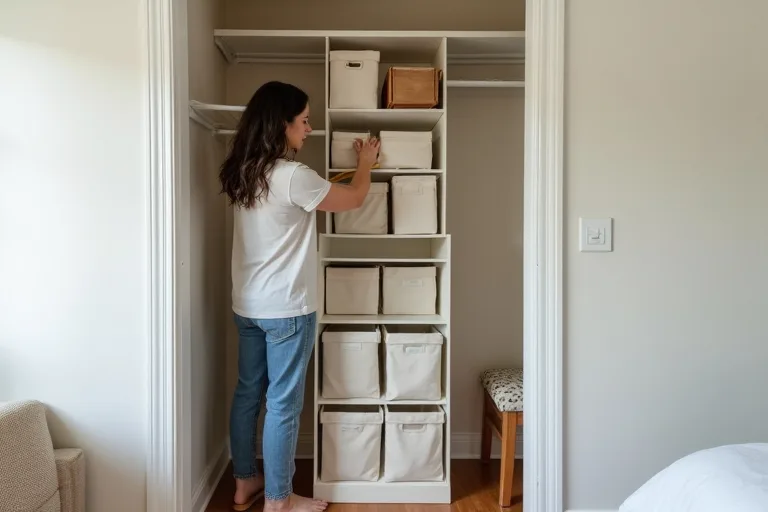 A small bedroom closet with measuring tape, fabric storage bins, and an 8-cube storage organizer in a calm, practical home setting.