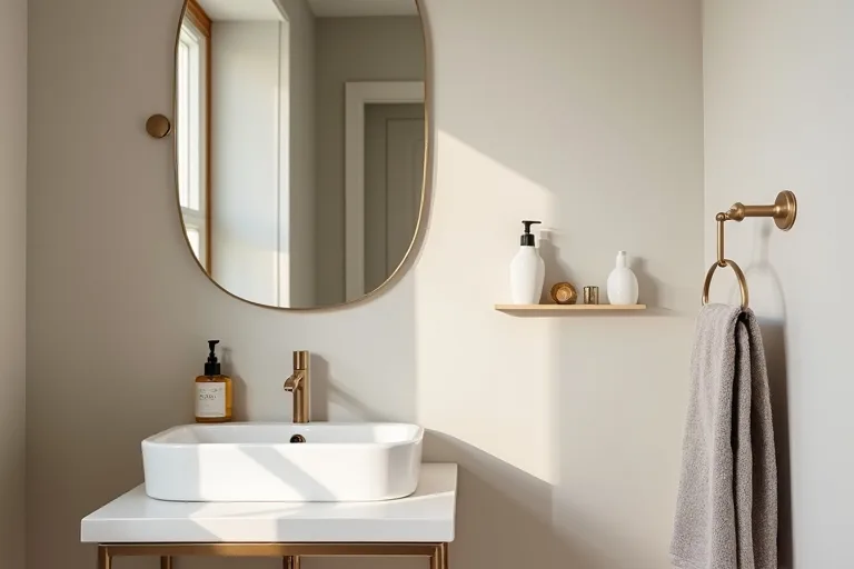 A compact powder room styled with simple surfaces and a small vanity