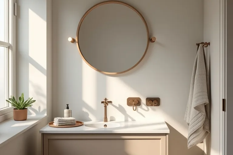 A small powder room showing the mirror and wall space around a compact vanity