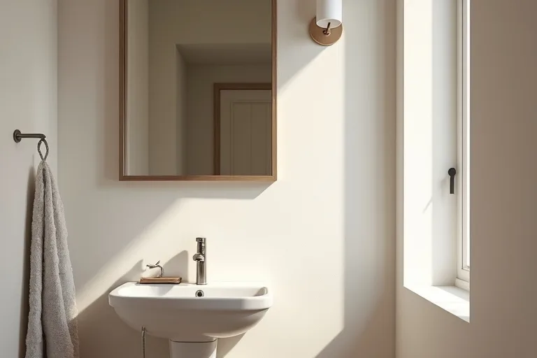 A small neutral powder room with a compact vanity, mirror, and simple countertop organizer tray