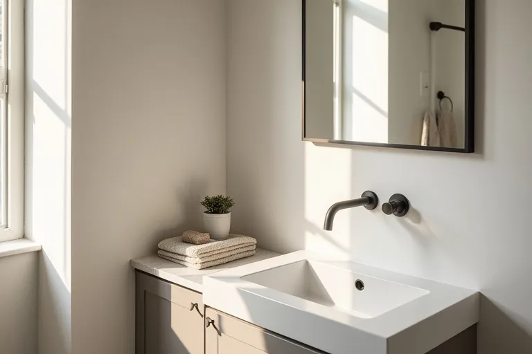A powder room corner with a simple tray and soft textured details