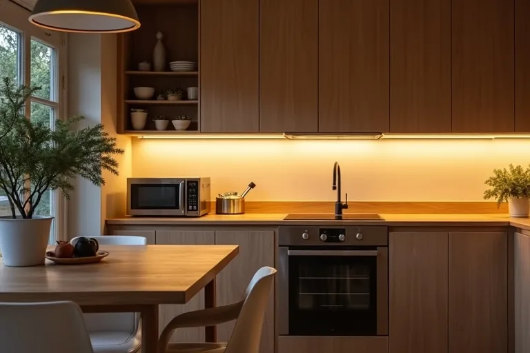 A warm, practical kitchen with layered lighting over the counters and dining area.