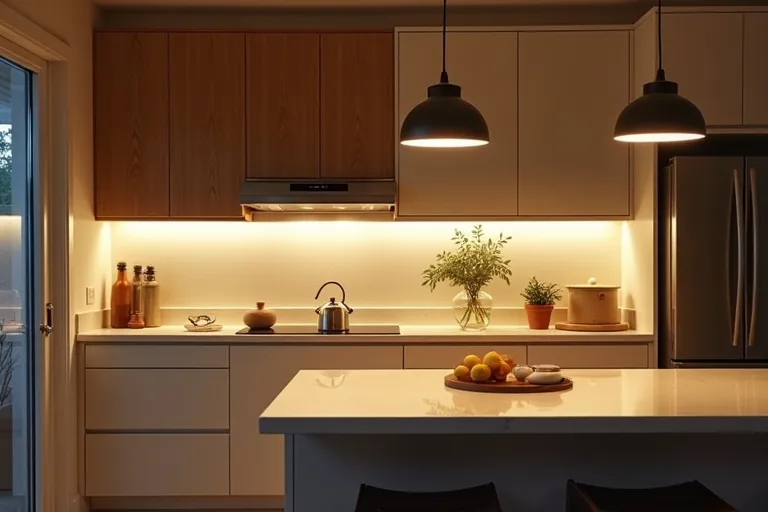 A simple pendant light helping define a small kitchen dining nook.