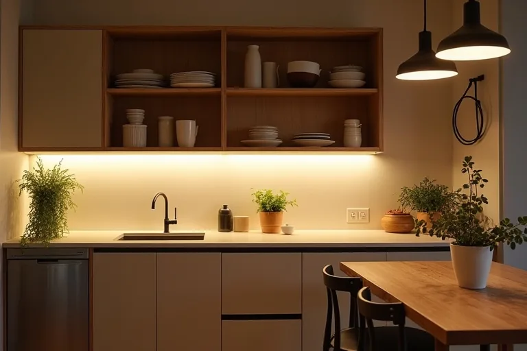 Under-cabinet lighting brightening kitchen counters for everyday prep.