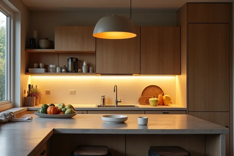 A kitchen dining area showing how lighting and furniture spacing need to work together.