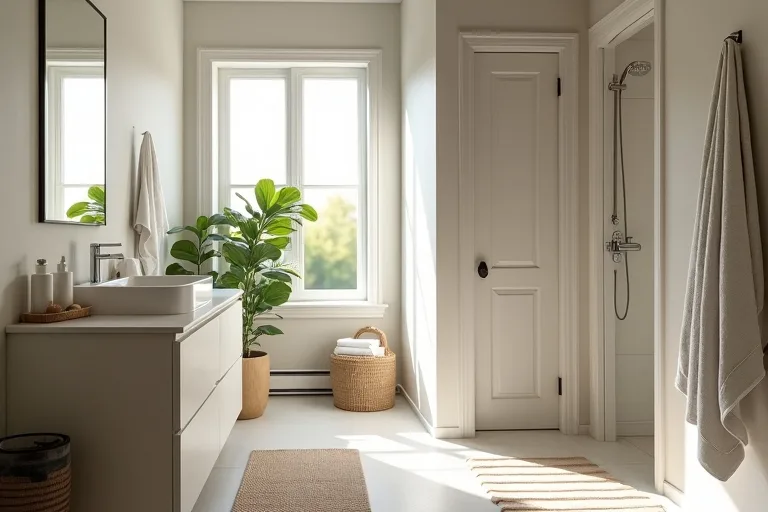 Neutral bathroom finishes and natural light that support a calm, finished spa look.