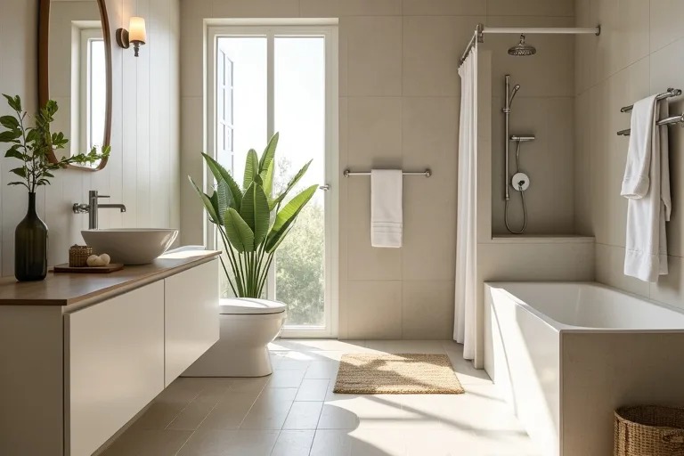 A shower area and vanity kept orderly with simple storage and practical accessories.
