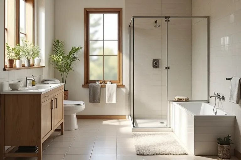 A calm spa-inspired bathroom with neutral finishes, tidy storage, and practical accessories that make the room feel balanced and finished.