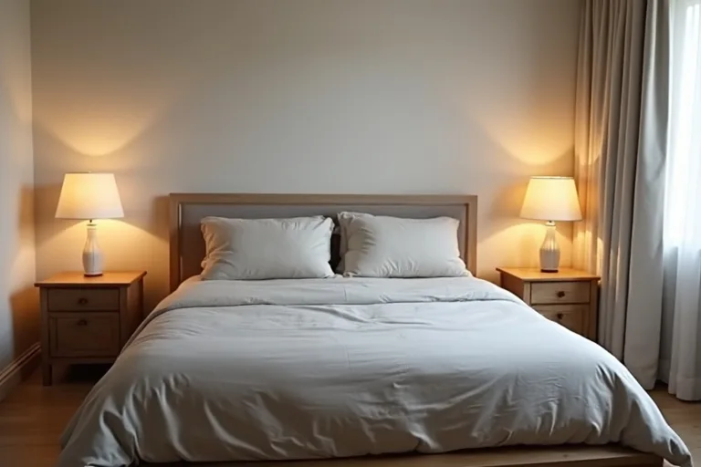 Bedroom lighting layered with bedside lamps and soft ambient light around a neatly made bed