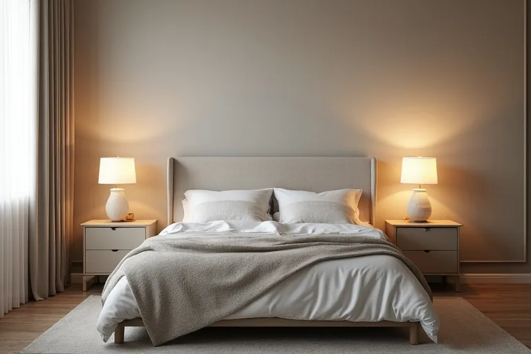 A practical bedroom scene showing warm bedside lighting and natural daylight in a lived-in room