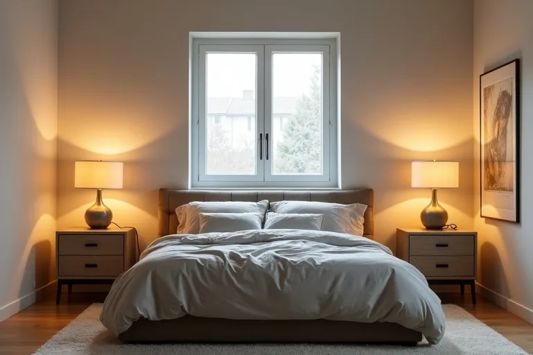 A balanced bedroom layout with matching bedside tables and lamps on both sides of the bed