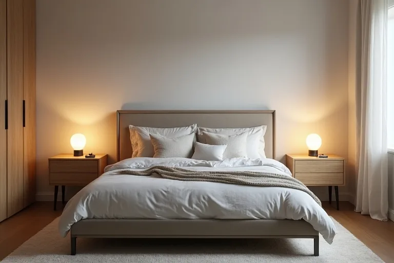 A calm bedroom with matching bedside lamps on both sides of the bed and warm, balanced lighting
