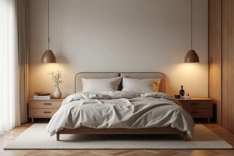 A bedroom bedside setup showing the proportions of the nightstand, lamp, and bed working together.