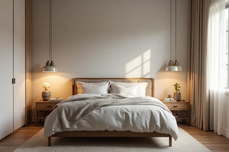 A bedroom with a ceiling fixture and bedside lighting layered to create a softer evening mood.
