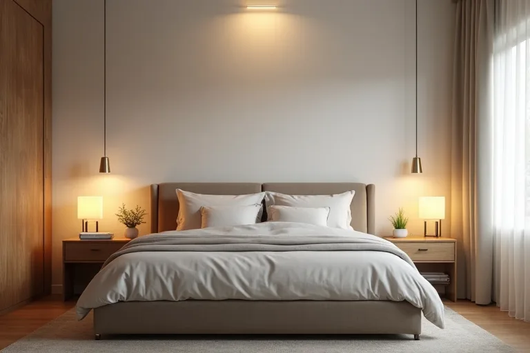 Matching bedside lamps and nightstands arranged as a balanced pair beside the bed.