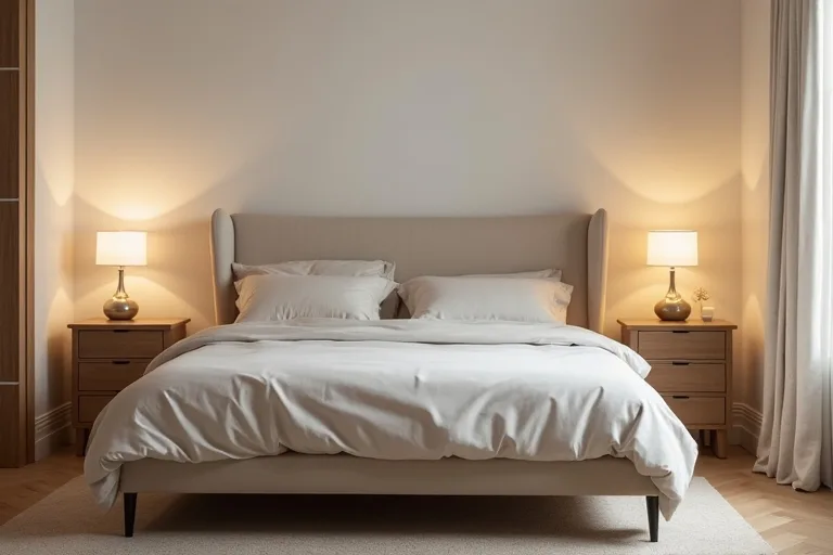 A softly lit bedroom showing a practical bed layout with matching bedside tables