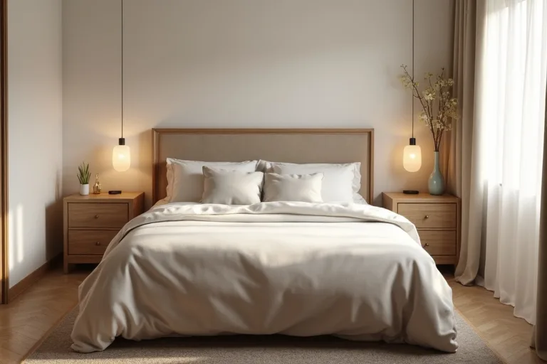 A practical bedroom scene with bedside lamps and a calm layout suited to everyday use