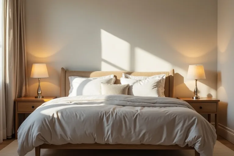 Bedroom lighting layers with a ceiling light and bedside lamps creating a balanced feel
