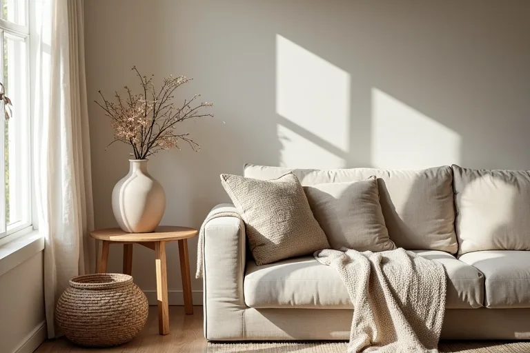 Boho room styled with a neutral throw blanket and a ceramic vase set